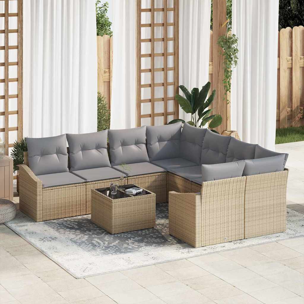 vidaXL Bankstel met kussen met opslag 9 pcs Zwart en Crème poly rattan
