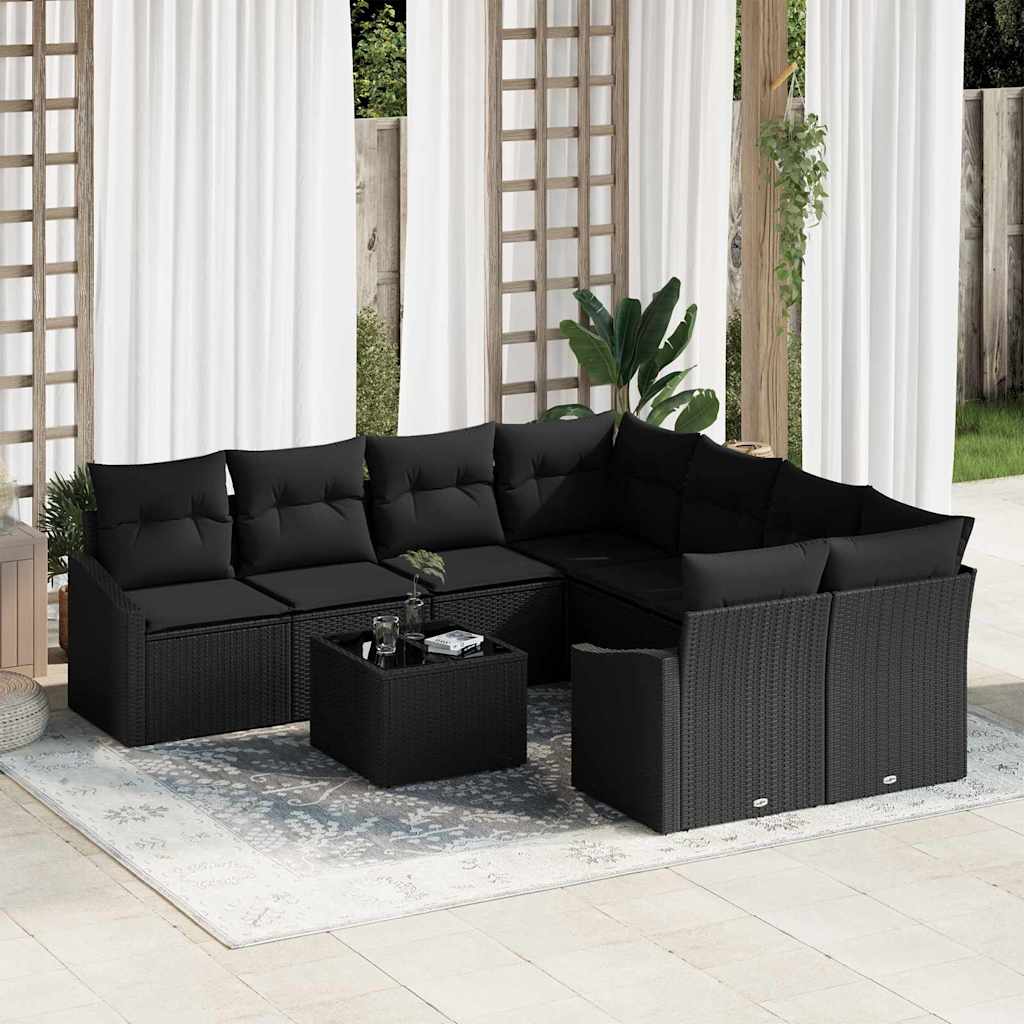 vidaXL Bankstel met kussen met opslag 9 pcs Zwart en Crème poly rattan