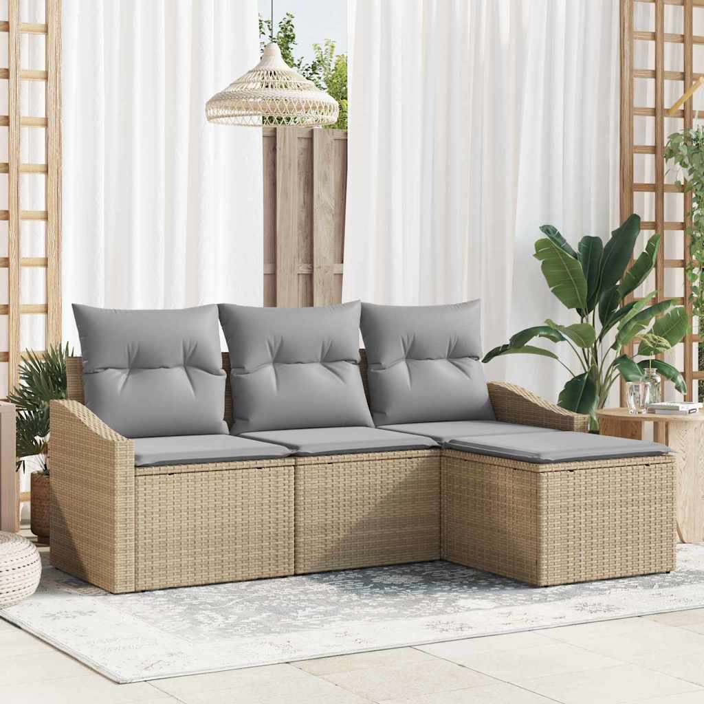 vidaXL Bankstel met kussen met opslag 4 pcs Zwart en Crème poly rattan