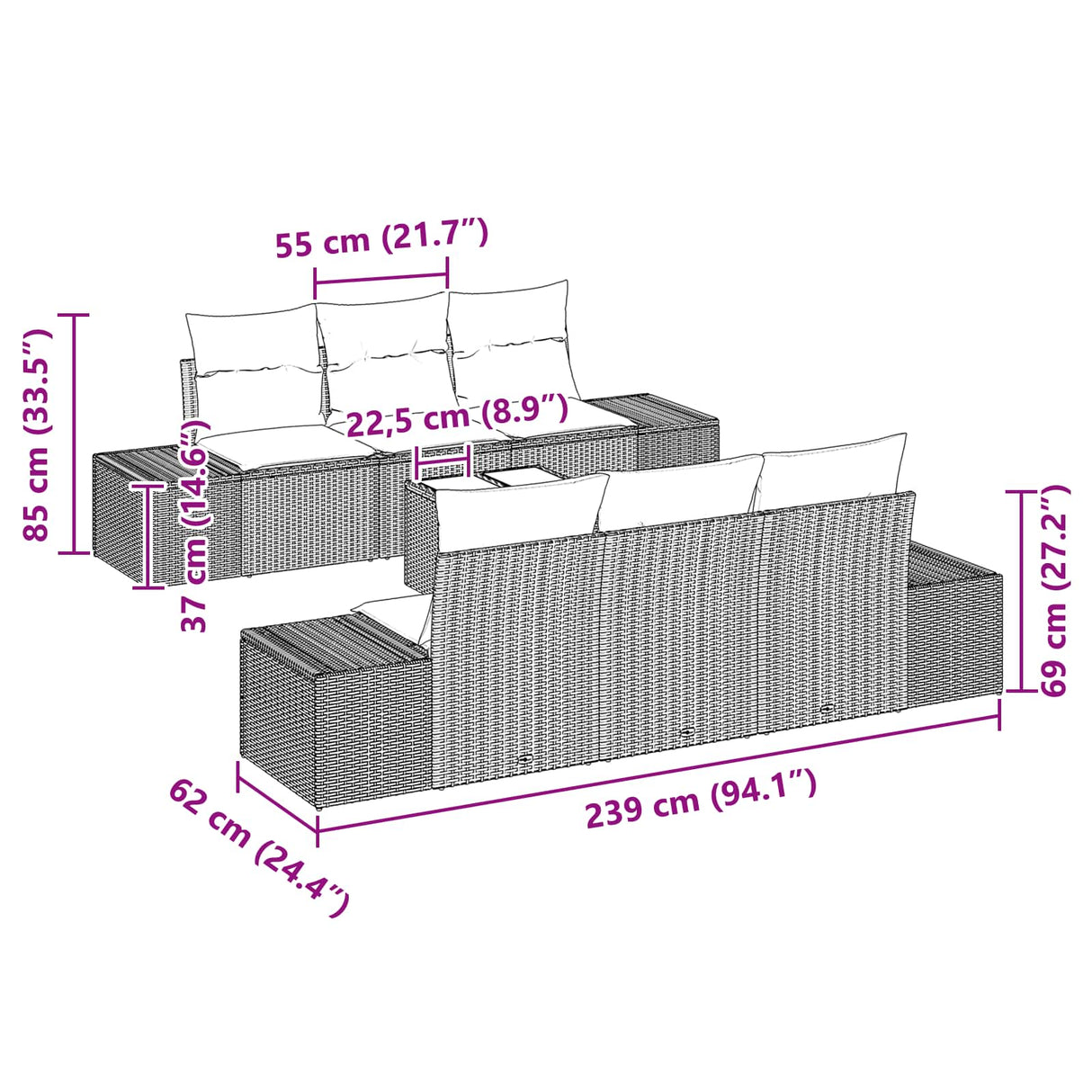 vidaXL Tuinbank Set 8 st Beige en Rood poly rattan