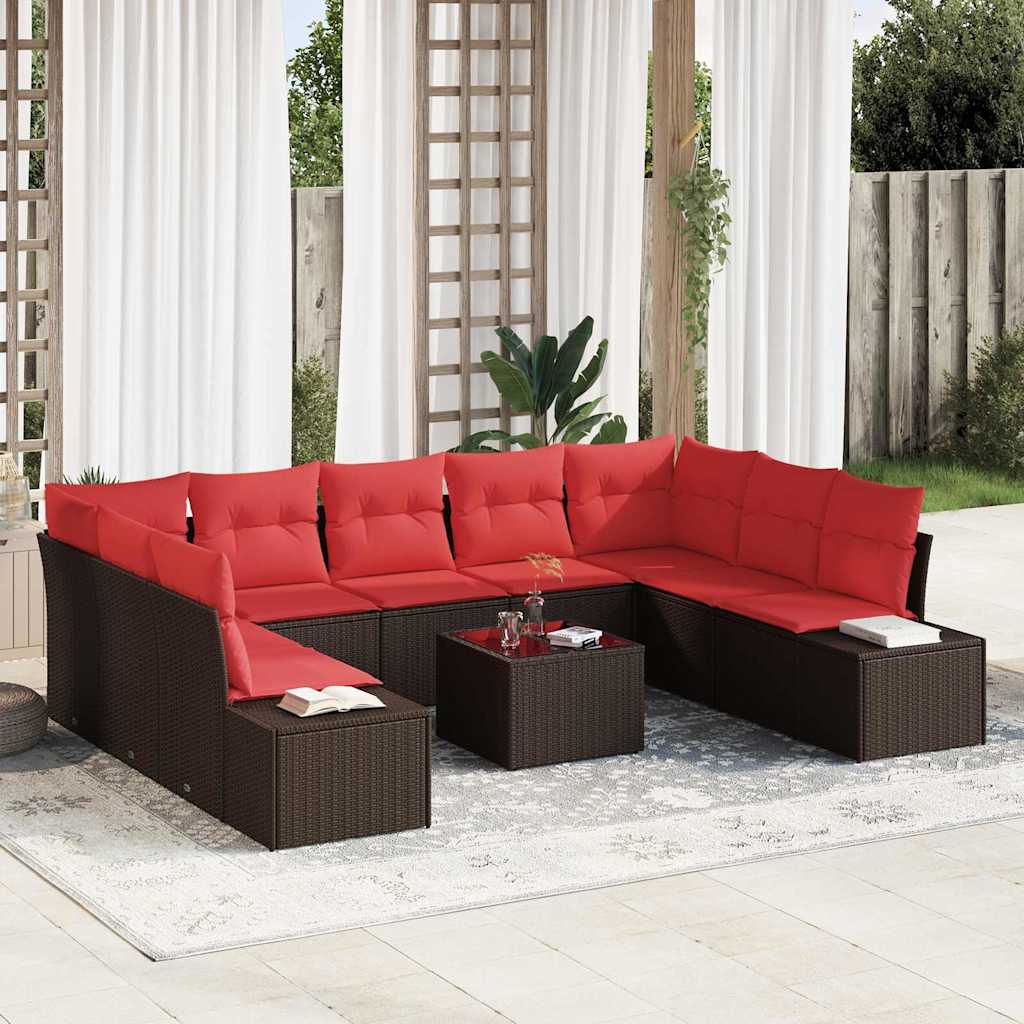 vidaXL Garden Sofa Set 9 pcs 8-Seater Brown and Red Polyrattan