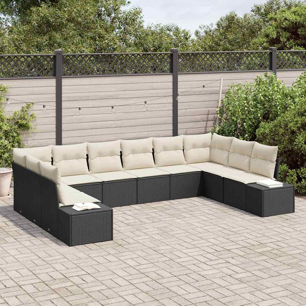 vidaXL Tuinbank Set met kussen 10 pcs Zwart en Crème Polyrattan