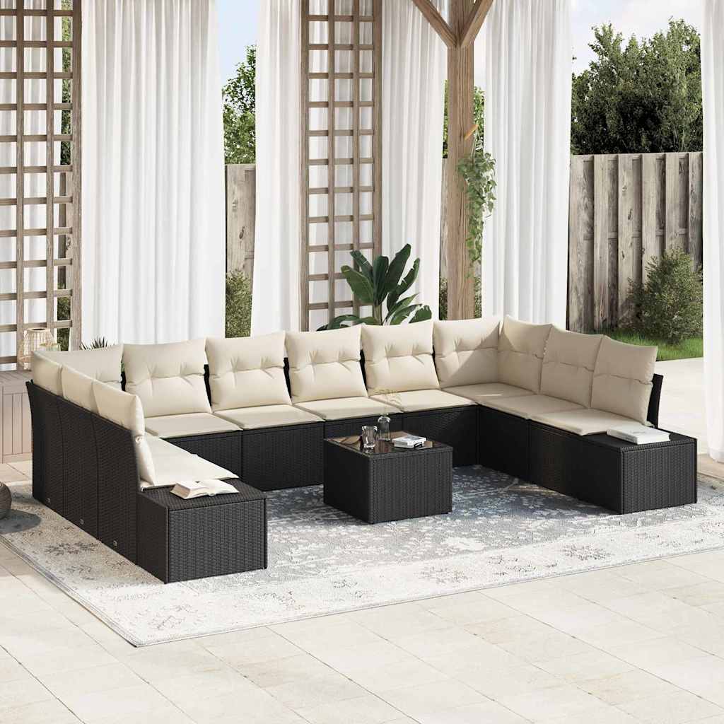 vidaXL Tuinbank Set met kussen 10 pcs Zwart en Crème Polyrattan