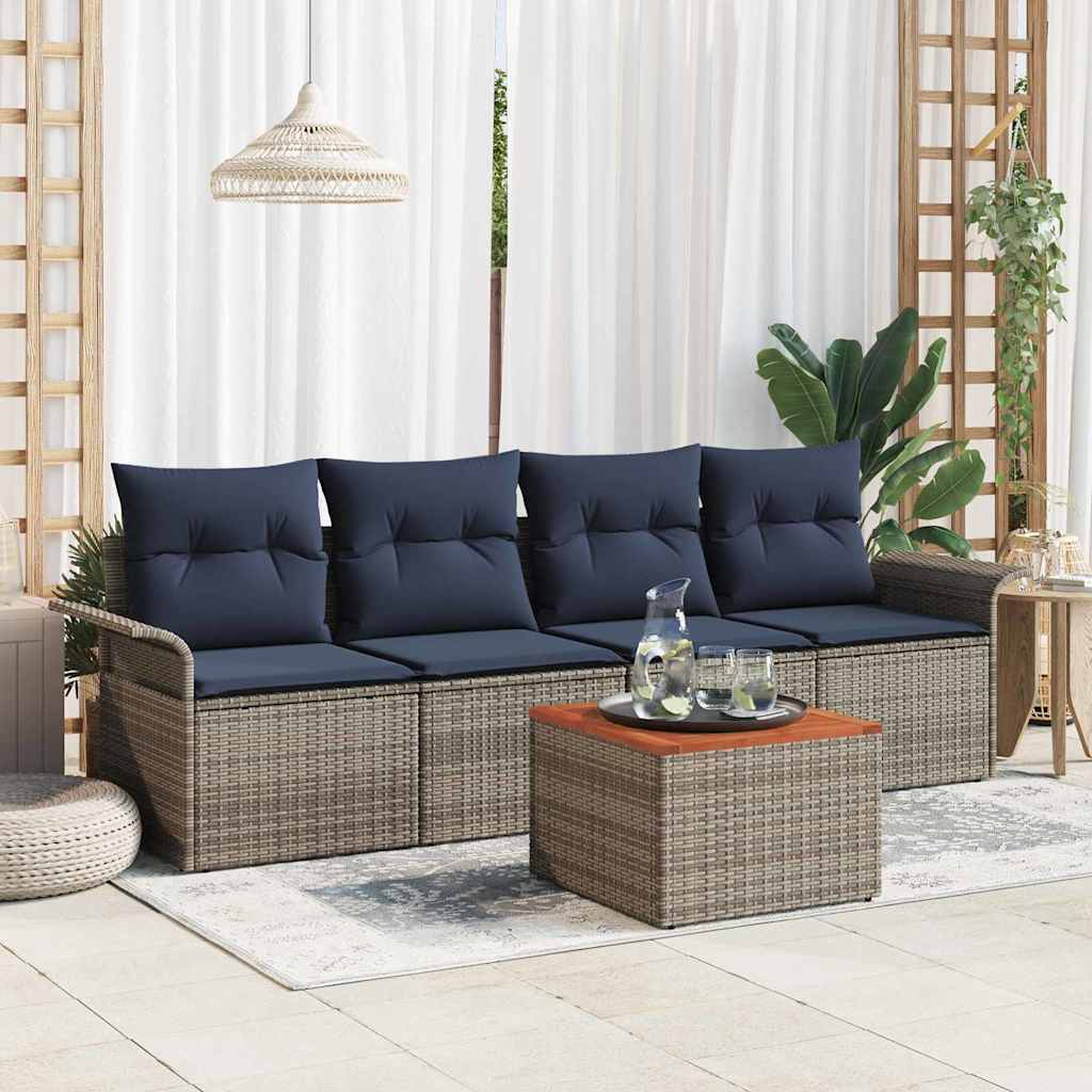 vidaXL Garden Sofa Set with Storage 5 pcs Grey and Navy Blue Poly Rattan