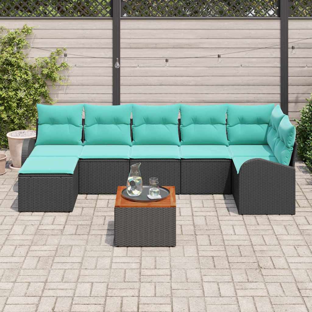 vidaXL Tuinbank Set met opslag 8 pcs Zwart en Turkoois poly rattan