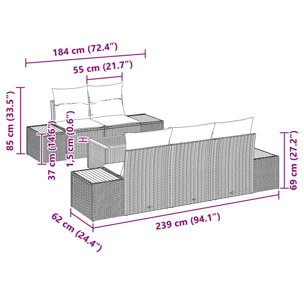 vidaXL Tuinbank Set met kussen met opslag 6 pcs Zwart Poly rattan