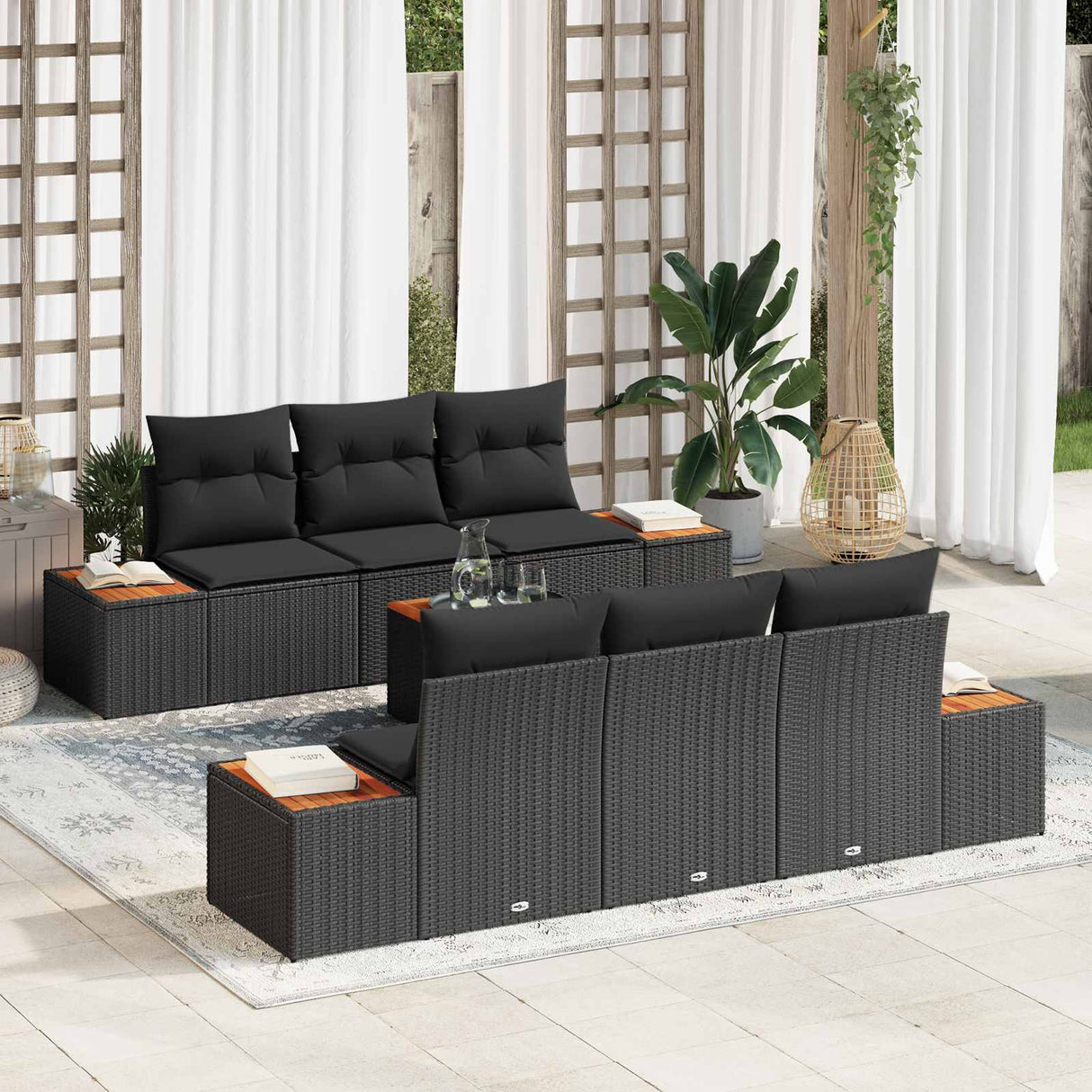 vidaXL Tuinbank Set met opslag 7 pcs Zwart Poly rattan
