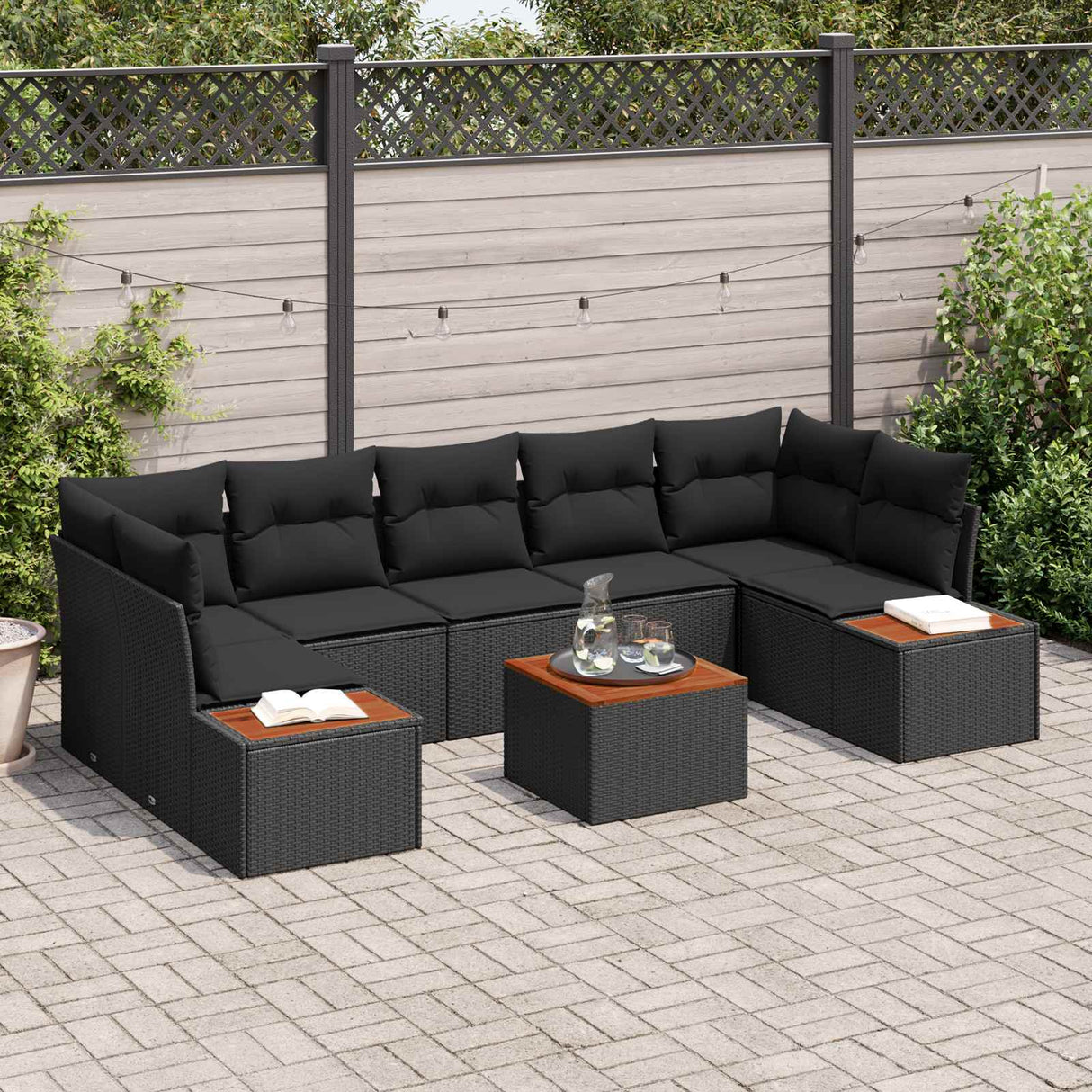 vidaXL Tuinbank Set met kussen met opslag 8 pcs Zwart Poly rattan