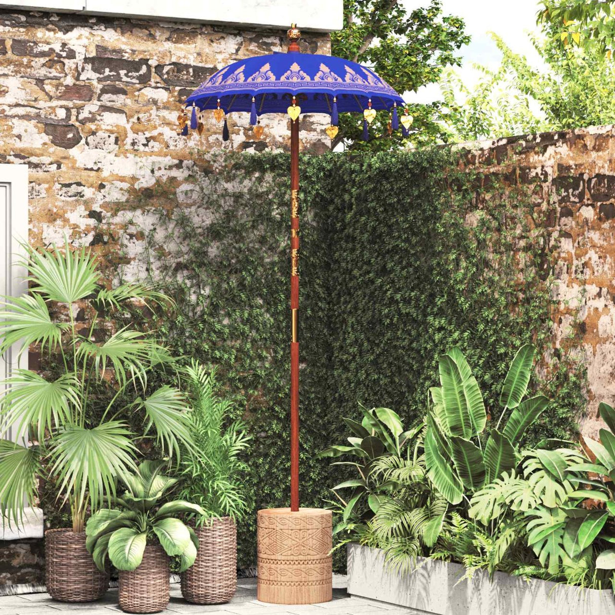 vidaXL Balinese parasol met basis Blauw 95 x 95 x 260 cm Katoen