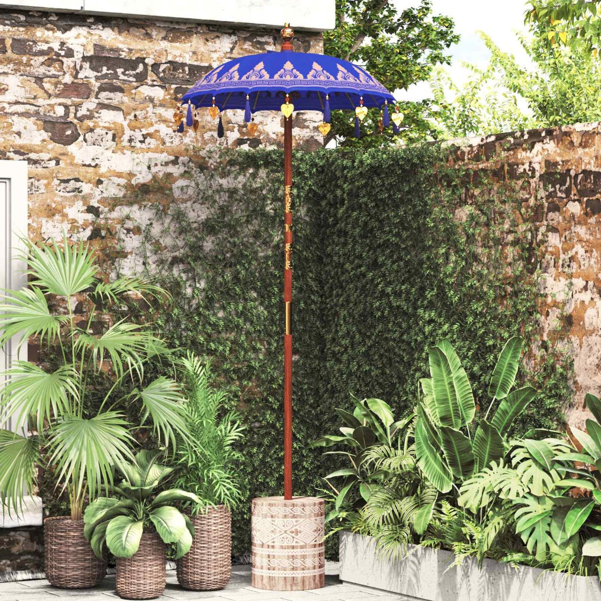 vidaXL Balinese parasol met basis Blauw 95 x 95 x 260 cm Katoen