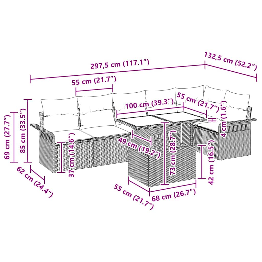 vidaXL Tuinbank Set met kussen met opslag 7 pcs Zwart Poly rattan