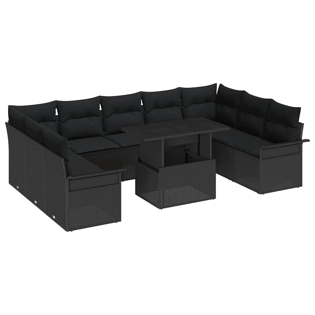 vidaXL Garden Sofa Set with Cushions 10 pcs Black Poly Rattan
