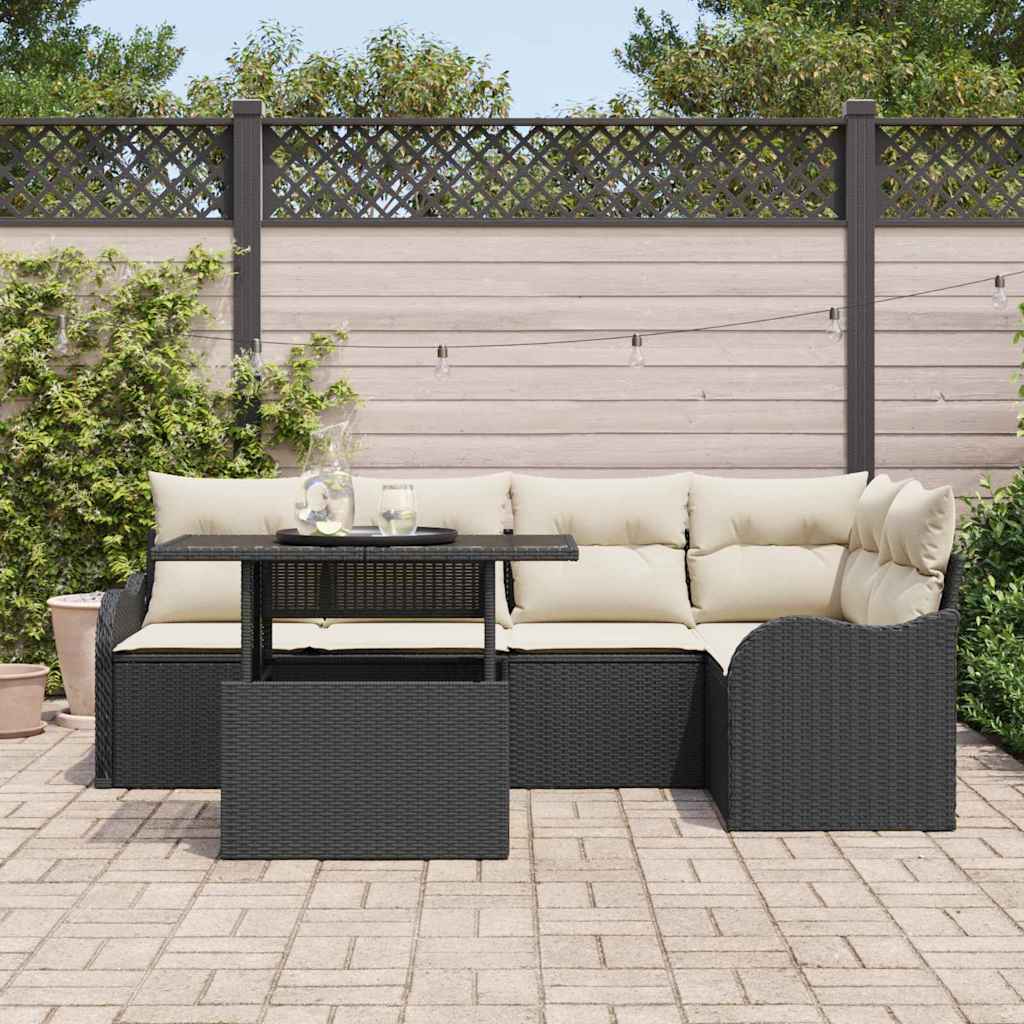 vidaXL Garden Sofa Set with Cushions 6-Piece Black Poly Rattan