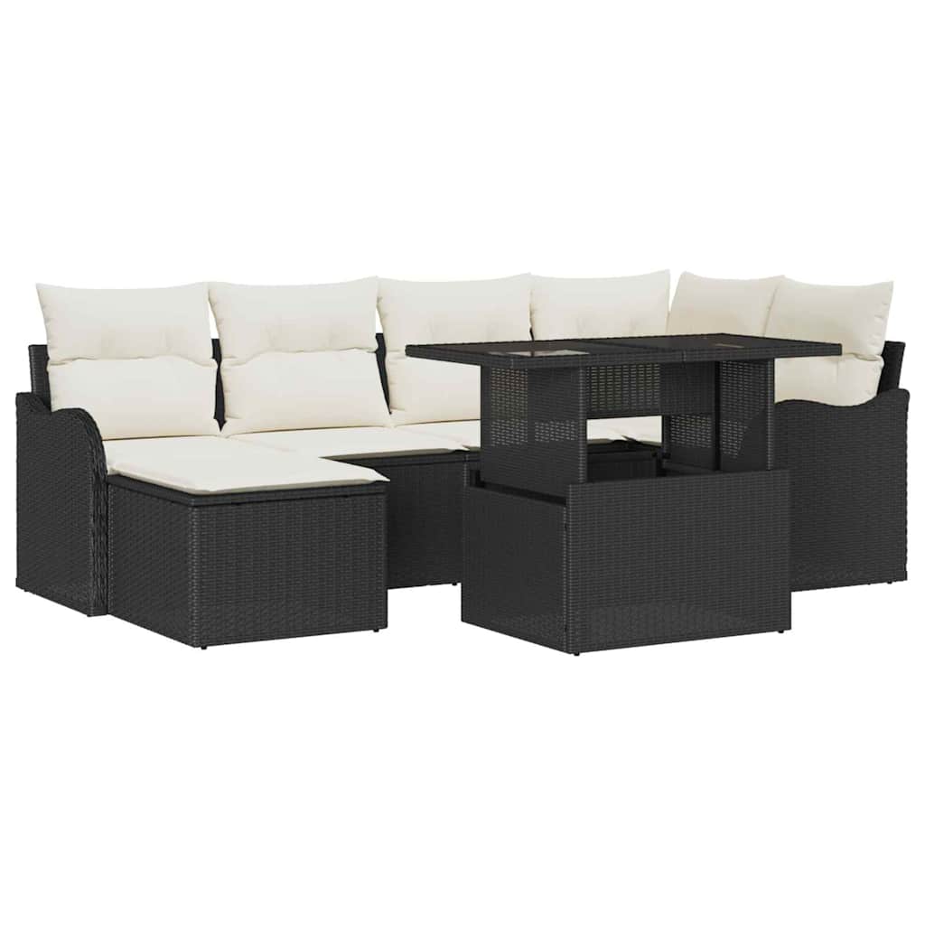 vidaXL Tuinbank Set met kussen met opslag 7 pcs Zwart Poly rattan