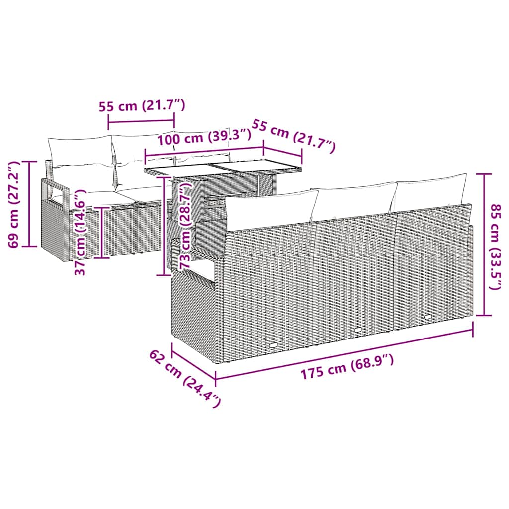vidaXL Tuinbank Set met kussen met opslag 7 pcs Zwart Poly rattan