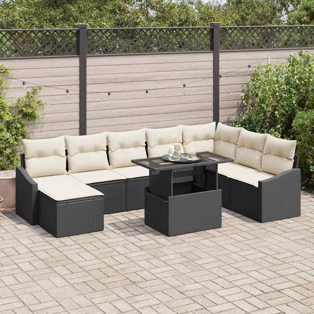 vidaXL Tuinbank Set met kussen met opslag 9 pcs Zwart en Crème