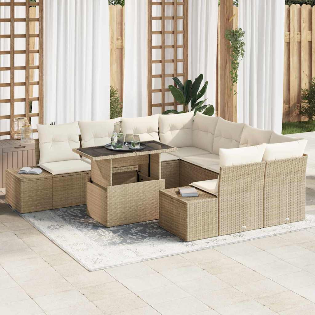 vidaXL Tuinbank Set met kussen met opslag 9 pcs Zwart en Crème