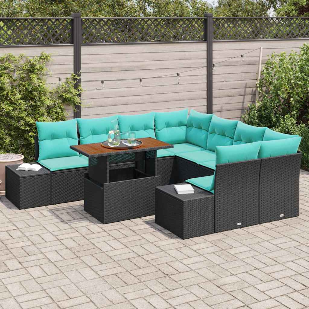 vidaXL Garden Lounge Set 9 pcs Black Poly Rattan