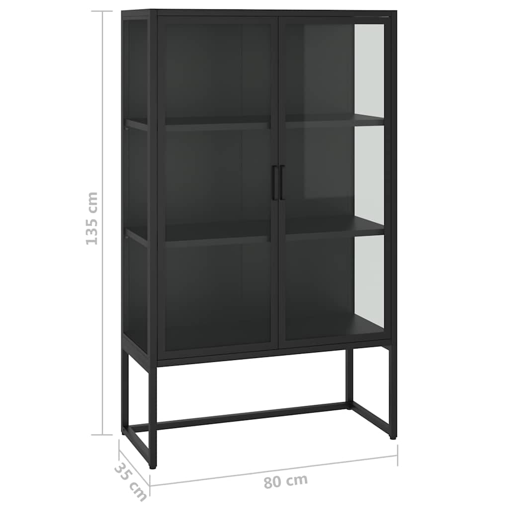 vidaXL Hoge kast 80x35x135 cm staal en gehard glas zwart