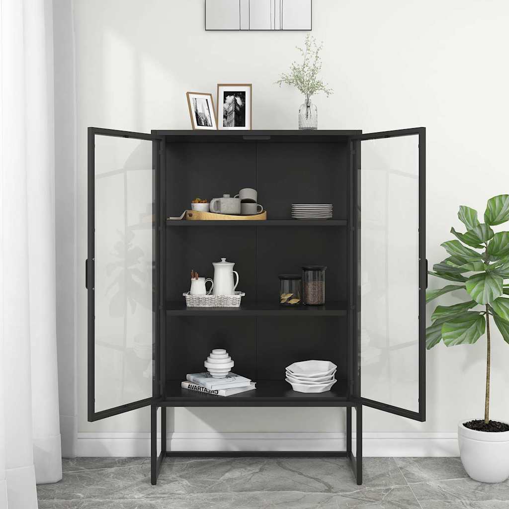 vidaXL Hoge kast 80x35x135 cm staal en gehard glas zwart
