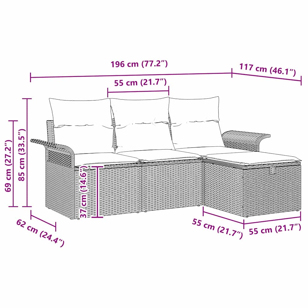 vidaXL Tuinbank Set met kussen 4 pcs Zwart en crème Poly rattan