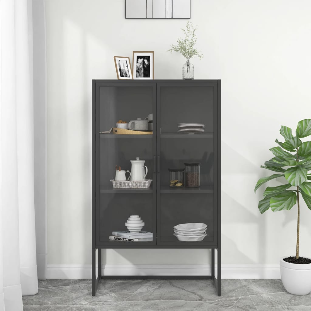 vidaXL Hoge kast 80x35x135 cm staal en gehard glas zwart