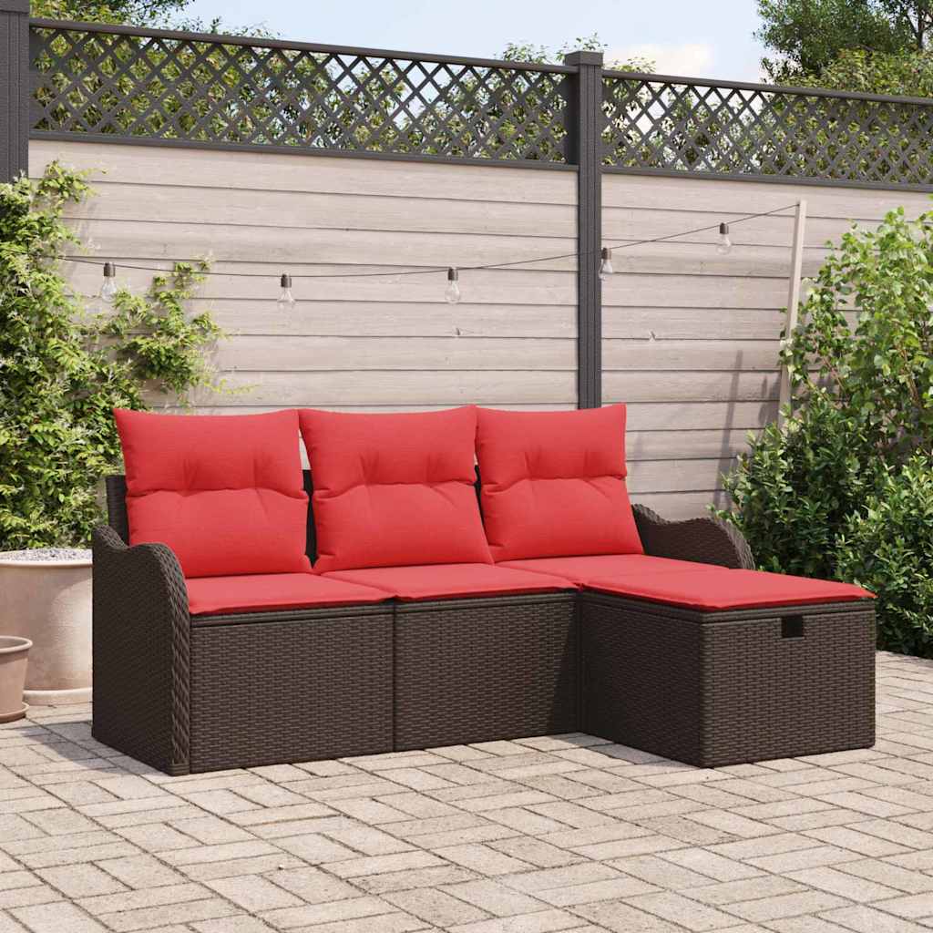 vidaXL Garden Sofa Set with Cushions 4 pcs Brown and Red Poly Rattan