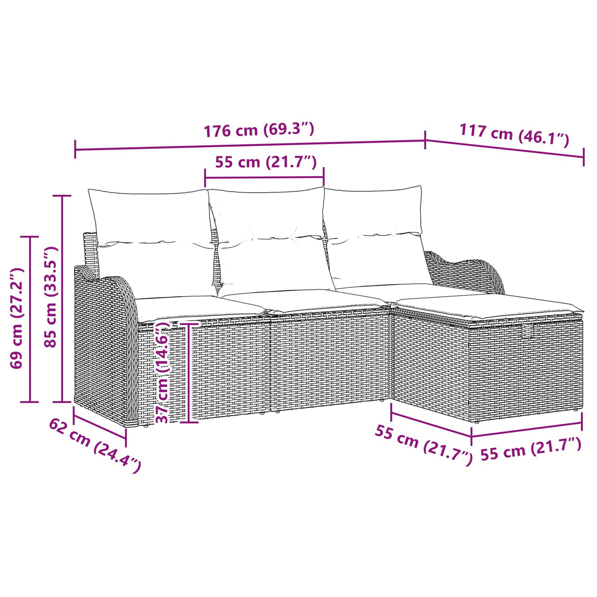 vidaXL Garden Sofa Set with Cushions 4 pcs Brown and Red Poly Rattan