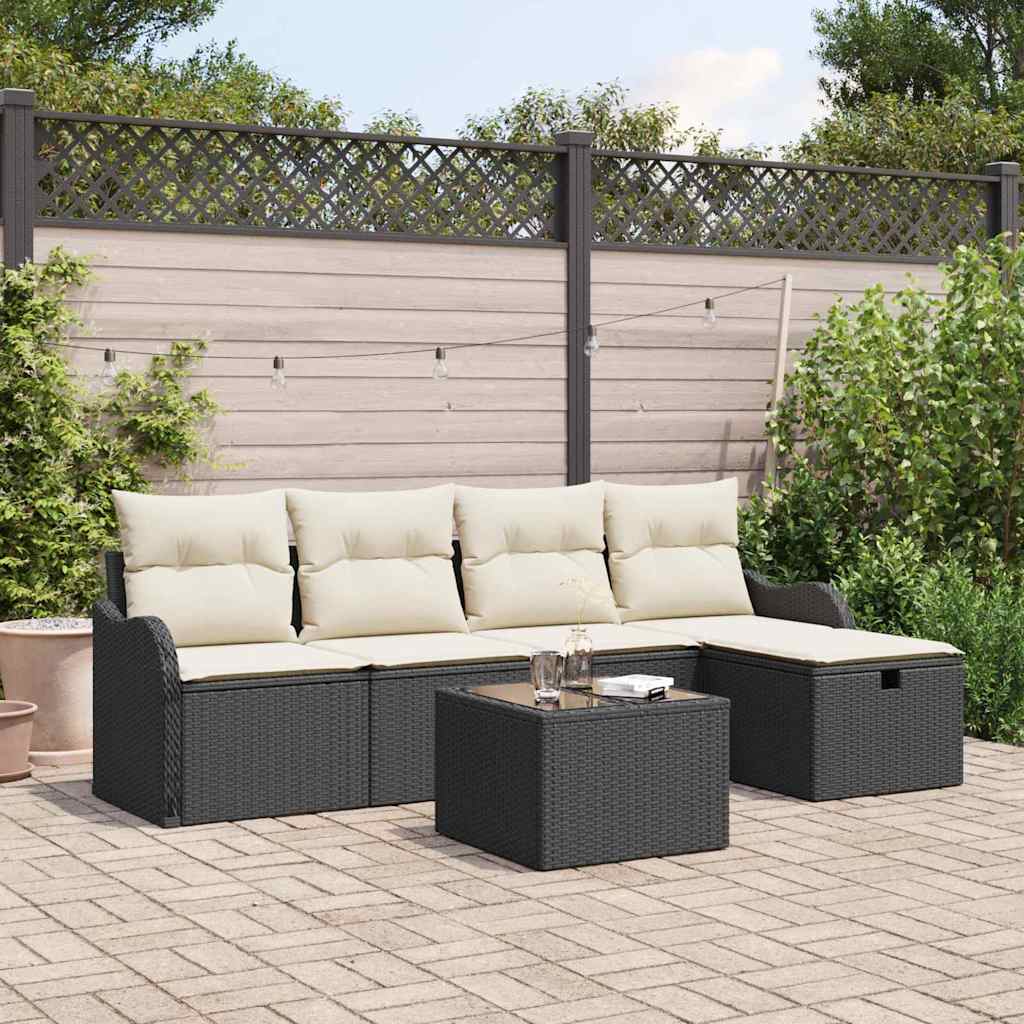 vidaXL Garden Sofa Set with cushions 5 pcs Black and cream Poly rattan