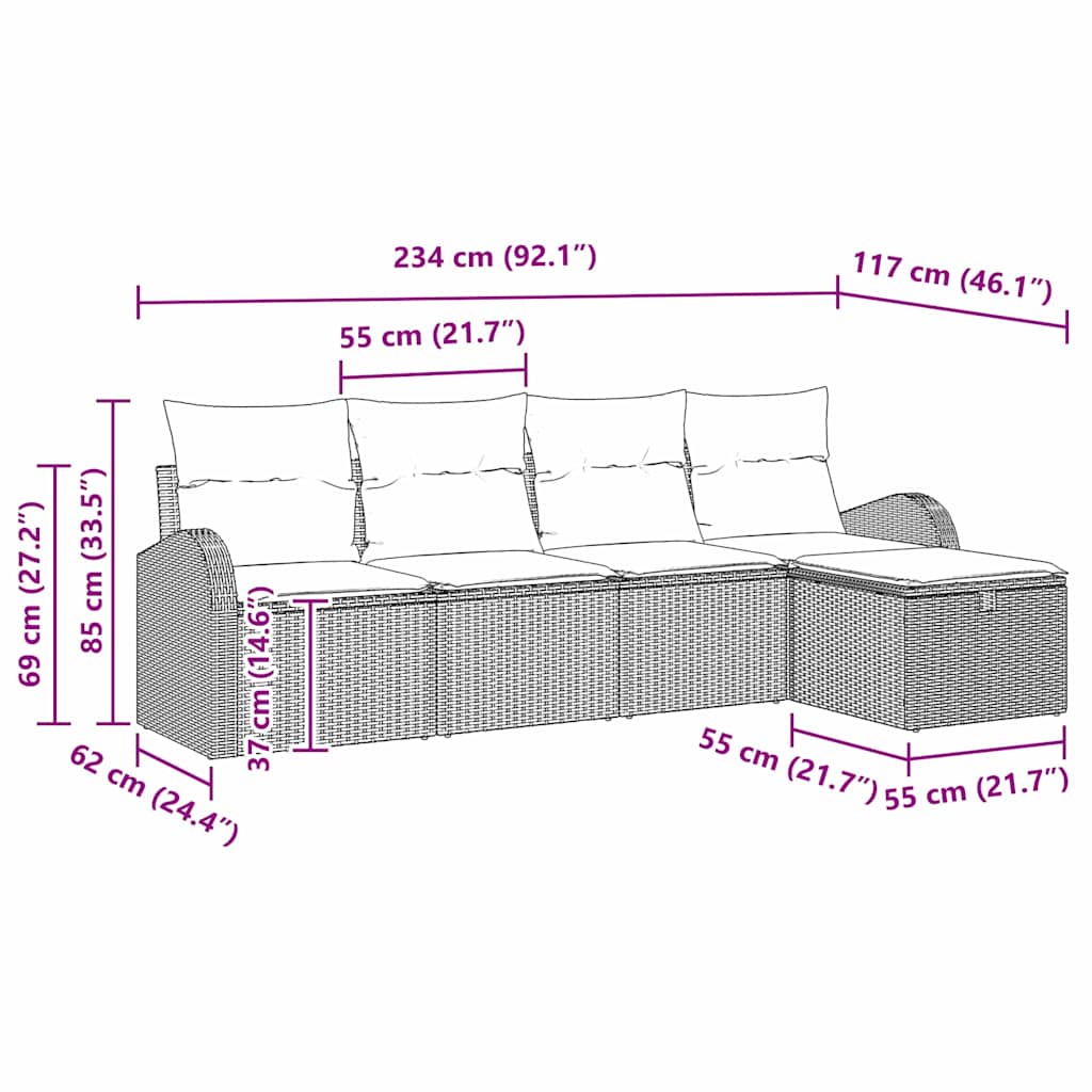 vidaXL Bankstel met kussen met opslag 5 pcs Zwart en Crème poly rattan