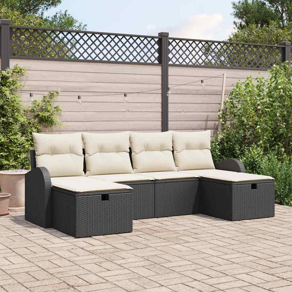 vidaXL Sofa Set with Cushions with Storage 6 pcs Black and Cream poly rattan