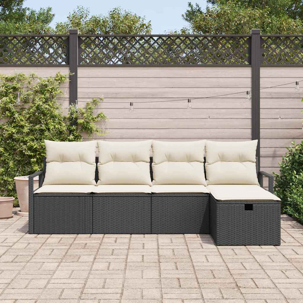 vidaXL Bankstel met kussen met opslag 5 pcs Zwart en Crème poly rattan