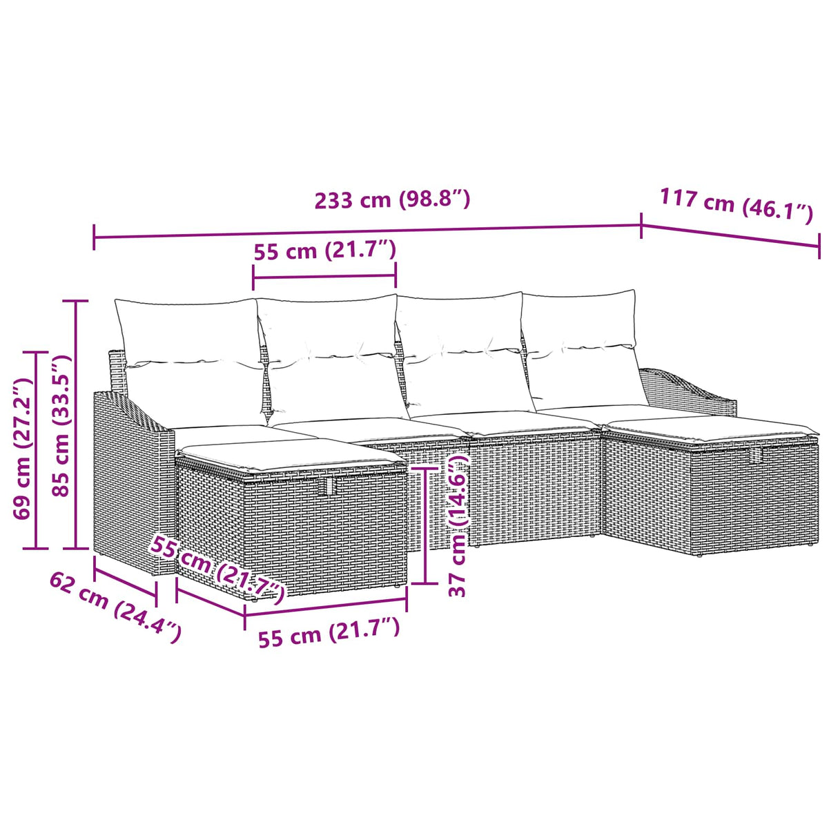 vidaXL Tuinbank Set met kussen 6 pcs Zwart Poly rattan