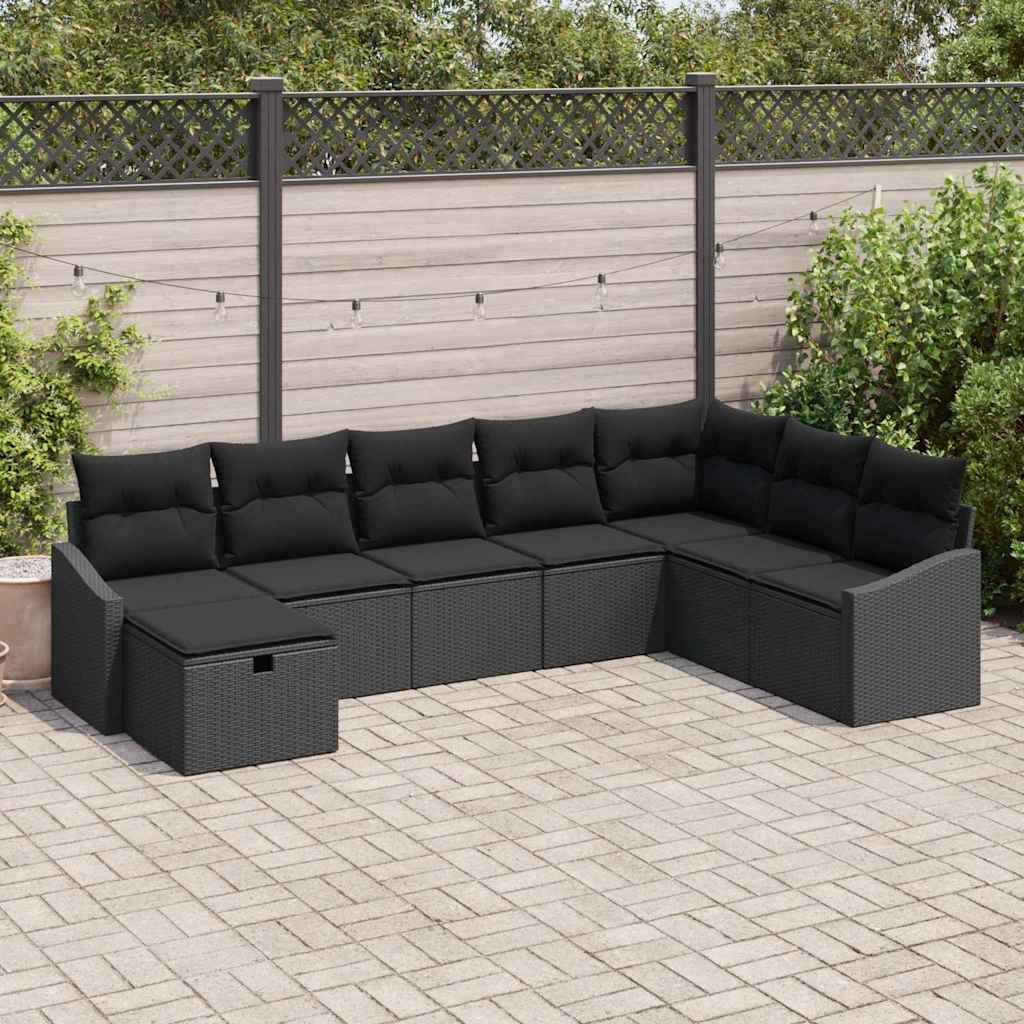 vidaXL Garden Sofa Set with cushions 8 pcs Black Poly Rattan