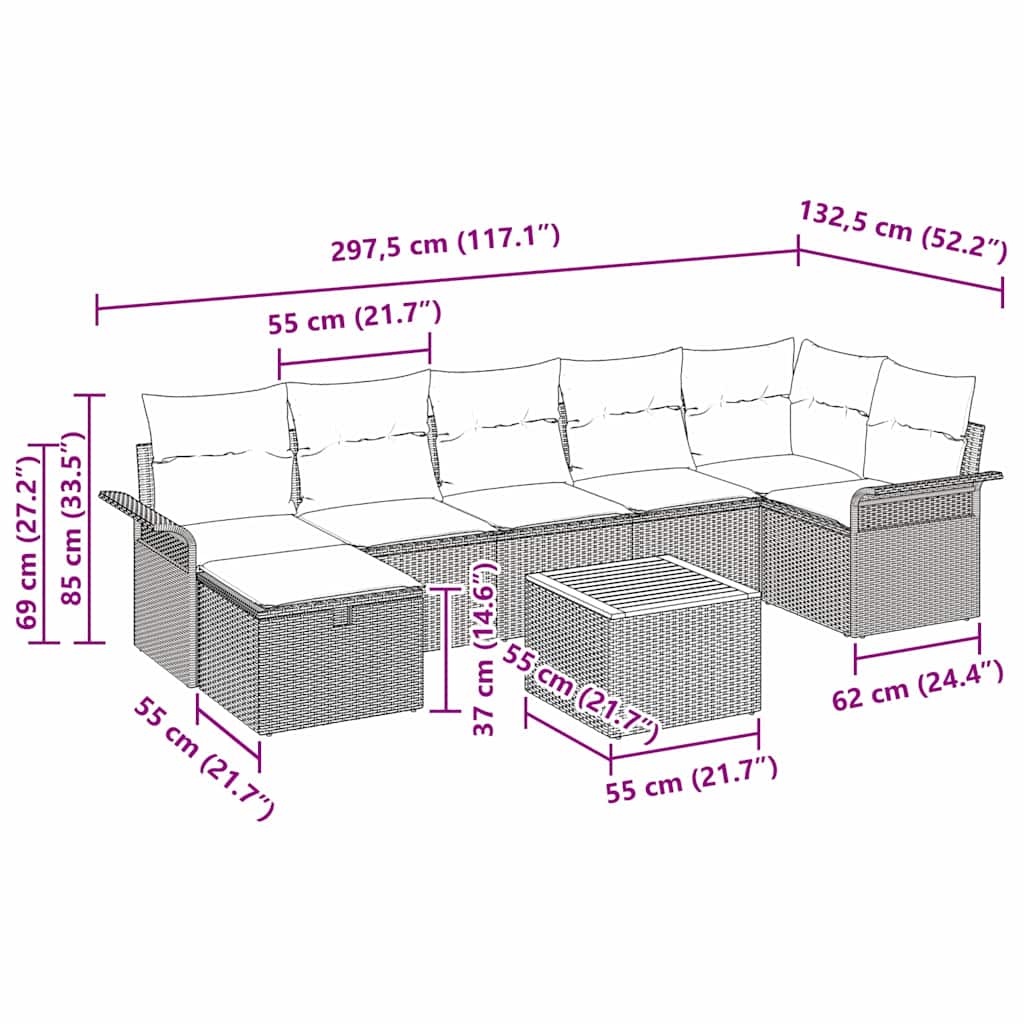 vidaXL Tuinbank Set met kussen met opslag 8 pcs Zwart poly rattan