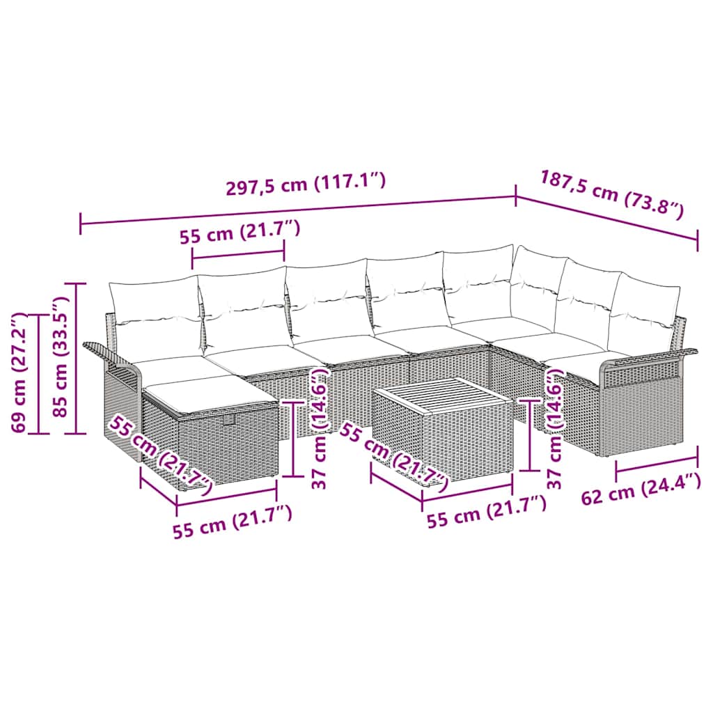 vidaXL Tuinbank Set met kussen met opslag 9 pcs Zwart poly rattan