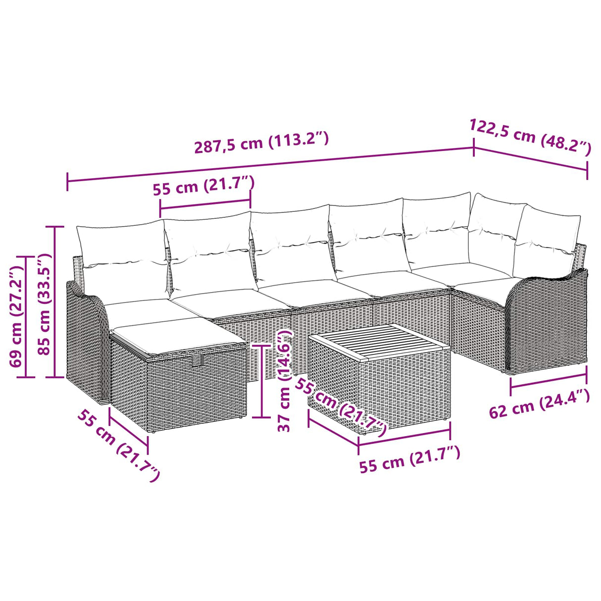 vidaXL Tuinbank Set 8 st Grijs poly rattan