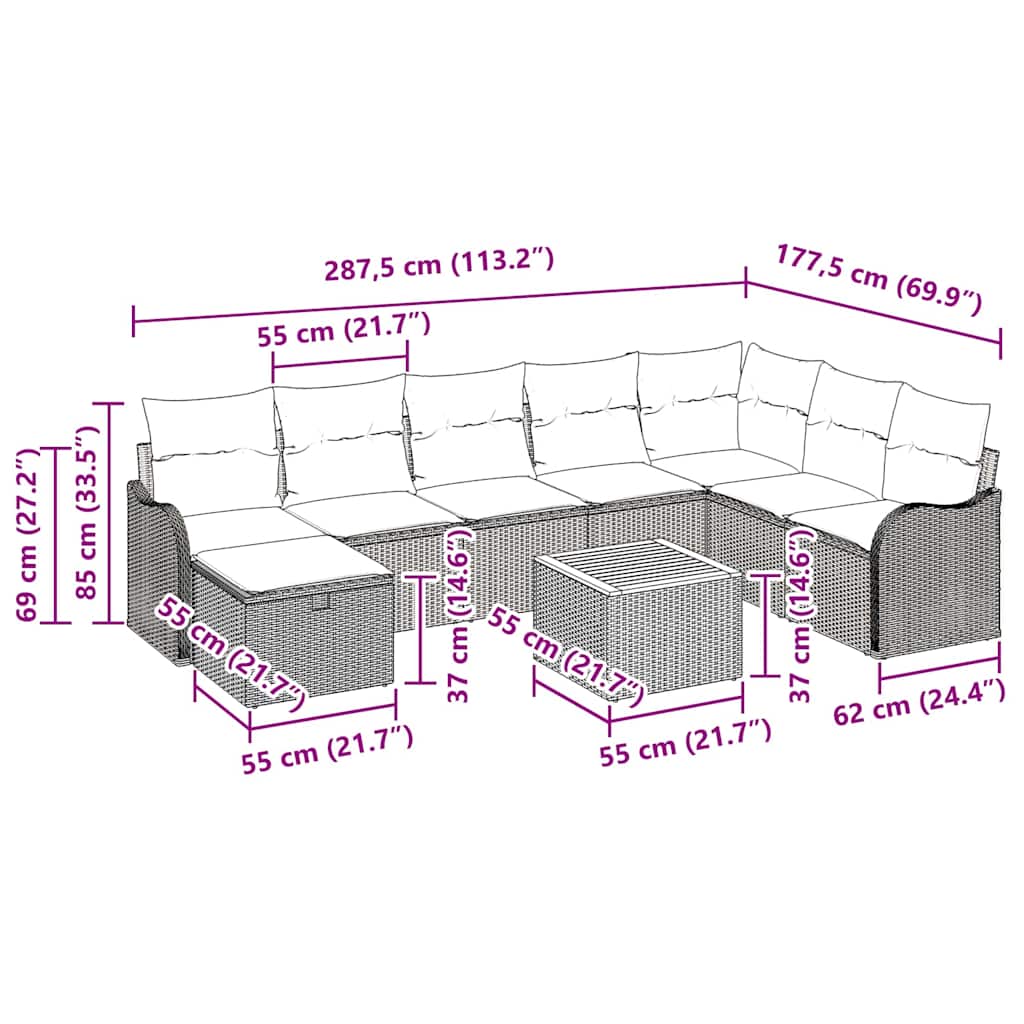 vidaXL Tuinbank Set met kussen met opslag 9 pcs Zwart poly rattan