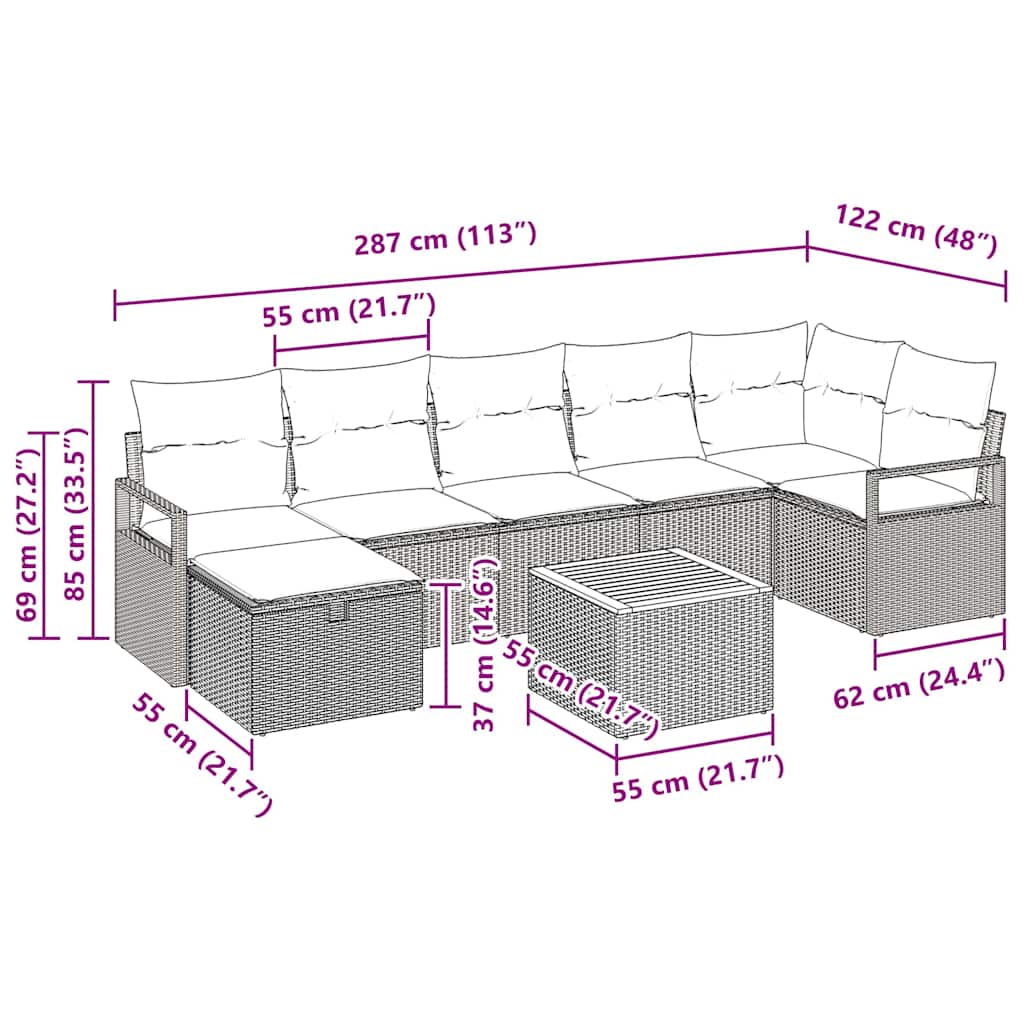 vidaXL Tuinbank Set met kussen met opslag 8 pcs Zwart poly rattan