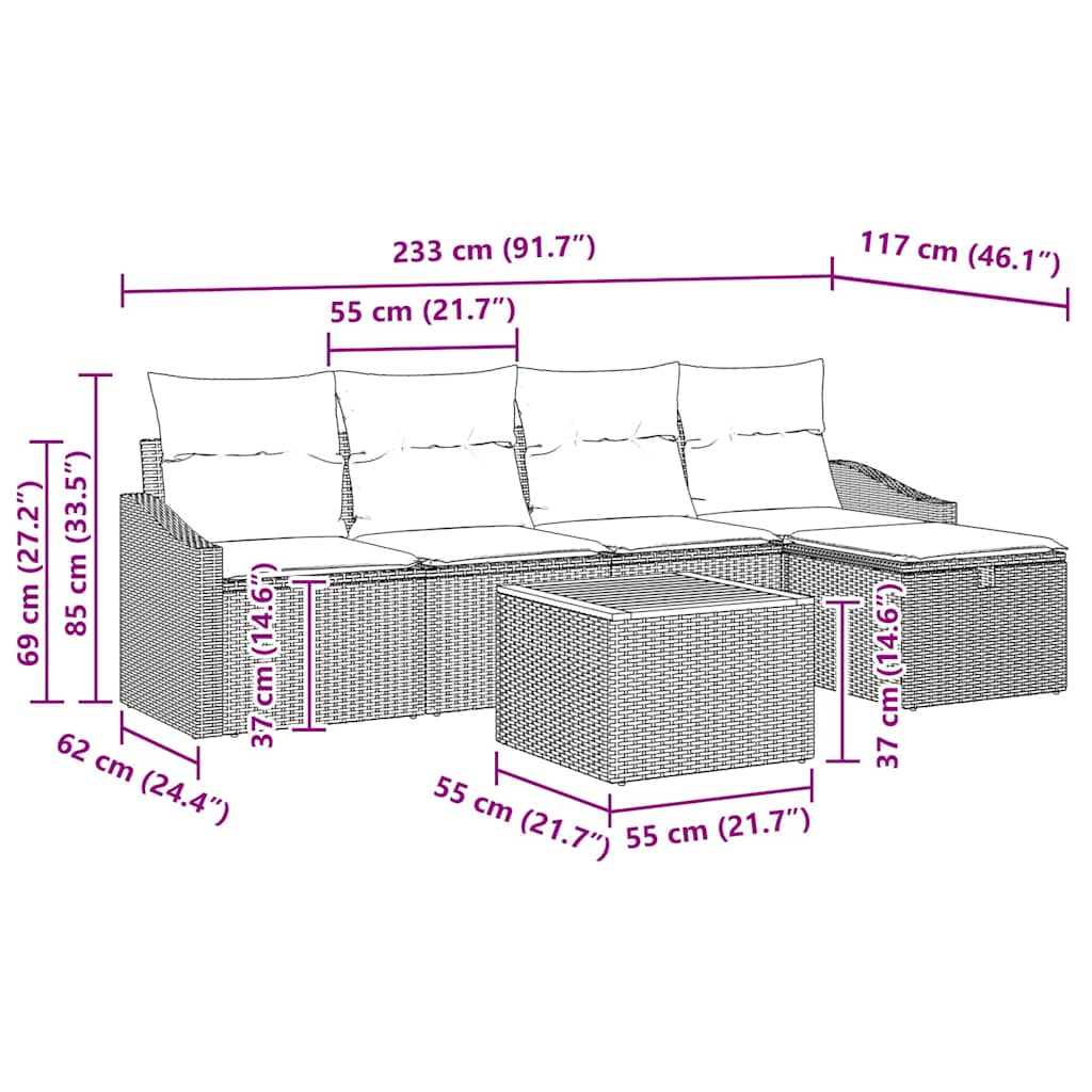 vidaXL Tuinbank Set met kussen met opslag 6 pcs Zwart poly rattan