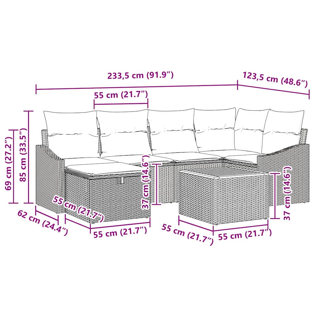 vidaXL Tuinbank Set met kussen met opslag 7 pcs Zwart poly rattan