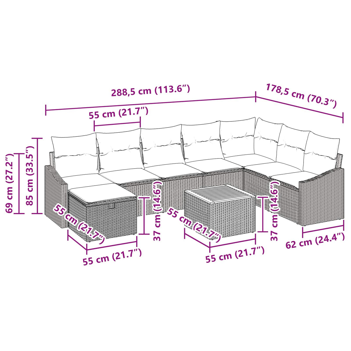 vidaXL Tuinbank Set met kussen met opslag 9 pcs Zwart poly rattan