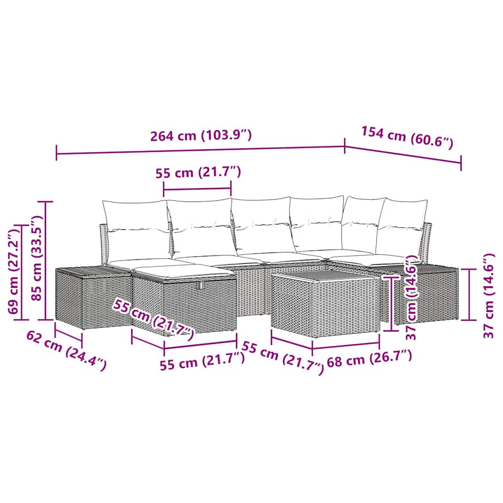 vidaXL Tuinbank Set met kussen met opslag 7 pcs Zwart poly rattan