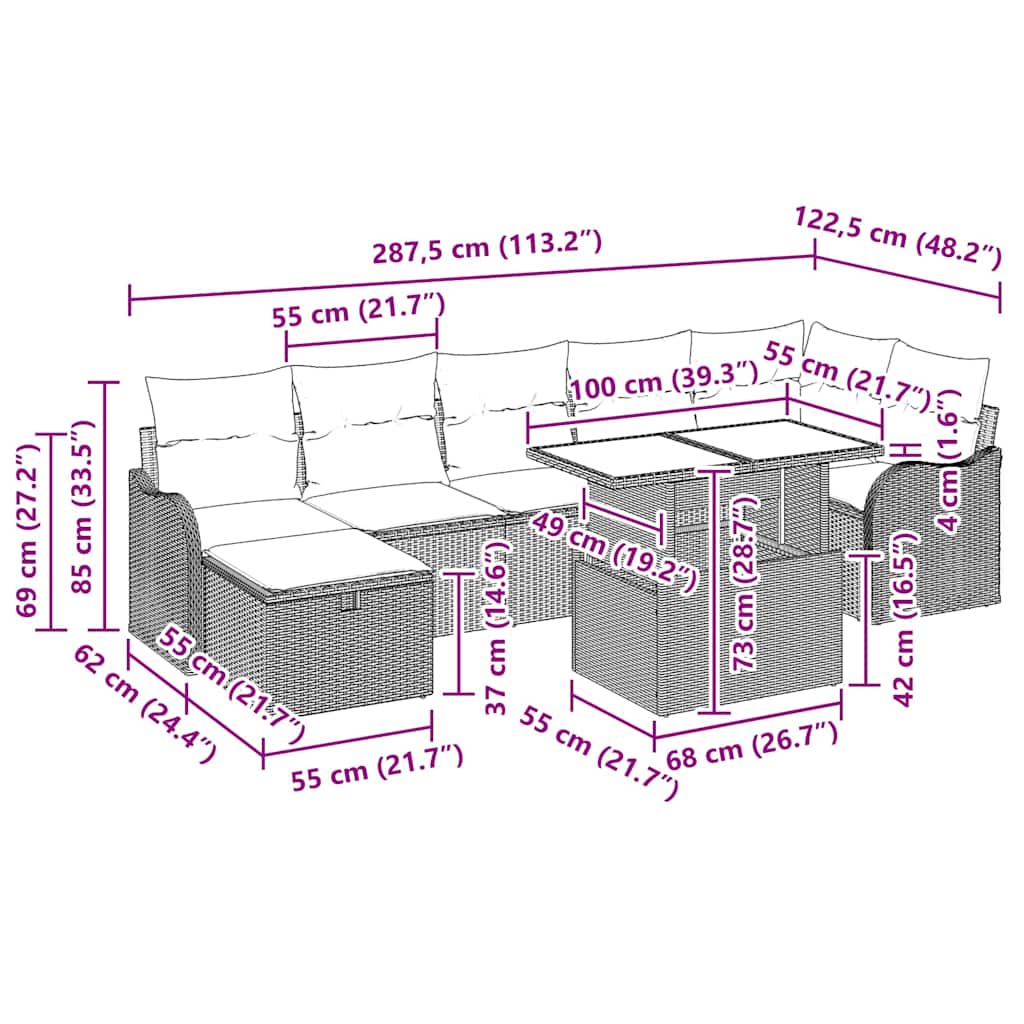 vidaXL Tuinbank Set met kussen met opslag 8 pcs Zwart Poly rattan