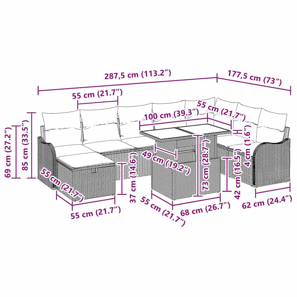 vidaXL Tuinbank Set met kussen met opslag 9 pcs Zwart Poly rattan
