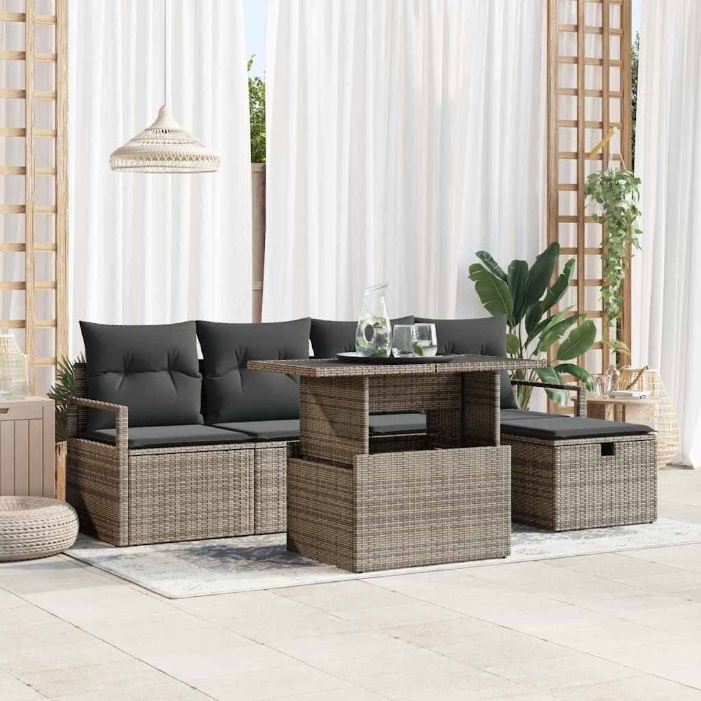 vidaXL Tuinbank Set met kussen met opslag 6 pcs Zwart Poly rattan