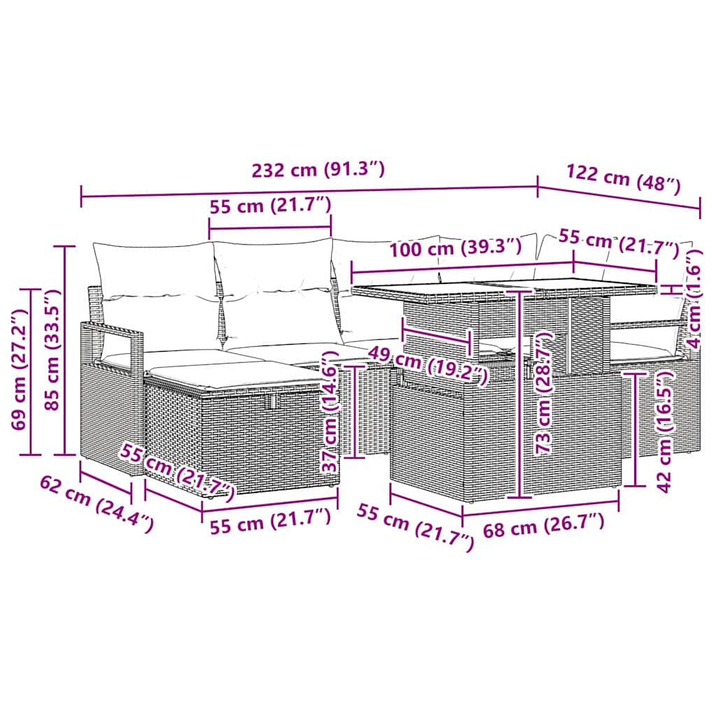 vidaXL Tuinbank Set met kussen met opslag 7 pcs Zwart Poly rattan