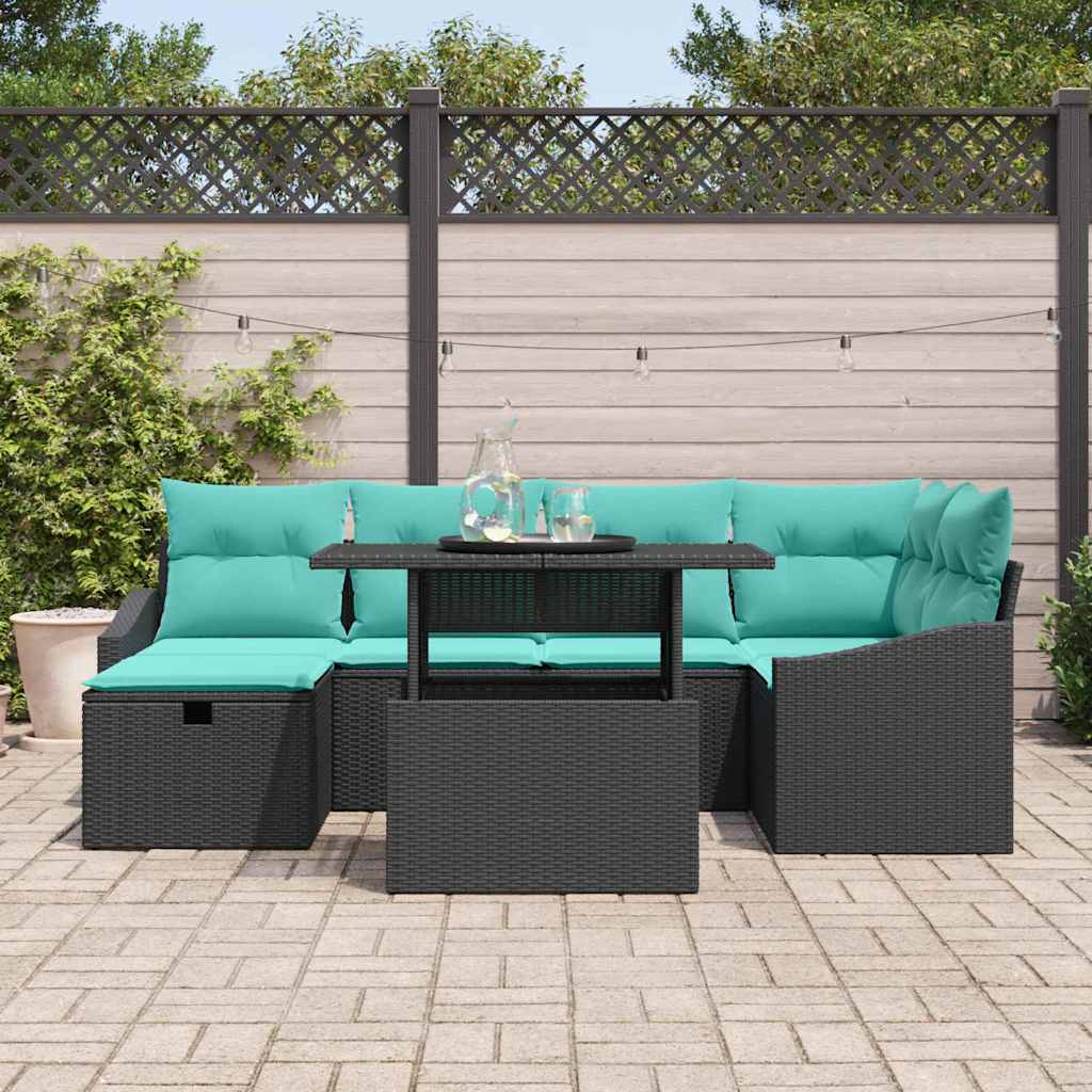 vidaXL Tuinbank Set met kussen met opslag 7 pcs Zwart Poly rattan