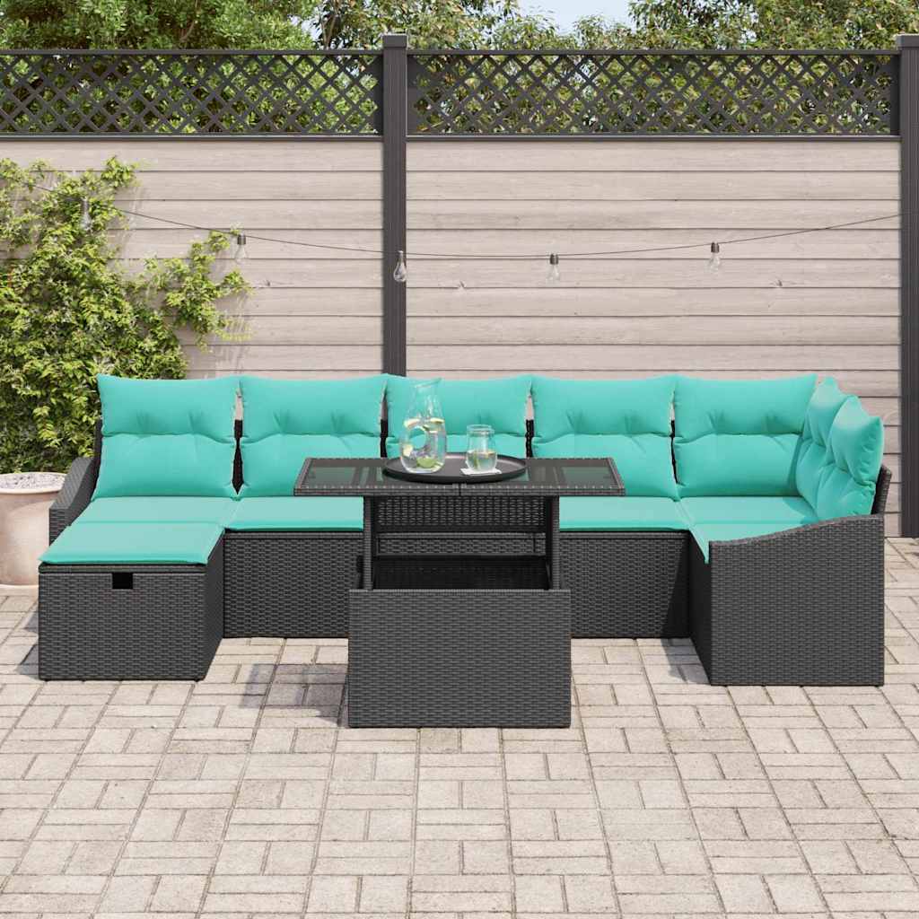 vidaXL Tuinbank Set met kussen met opslag 8 pcs Zwart Poly rattan