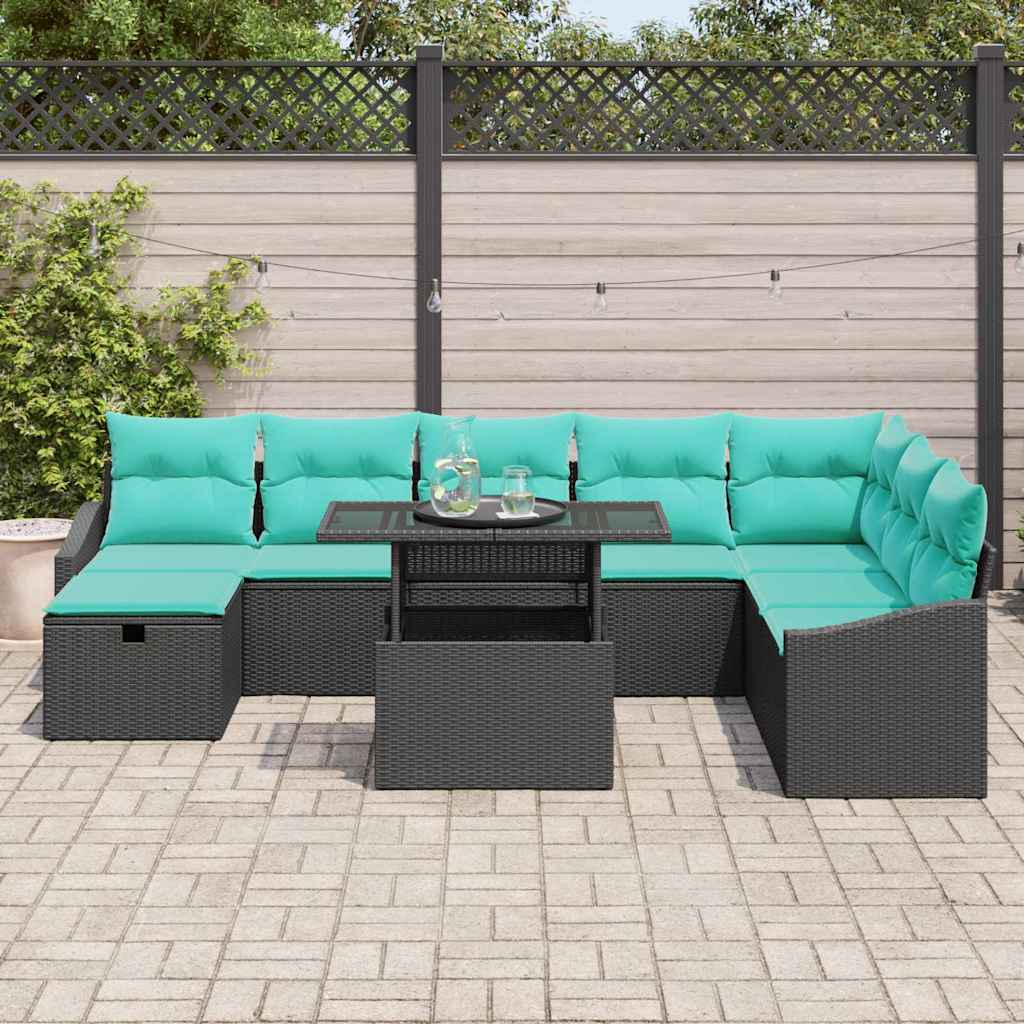 vidaXL Garden Lounge Set with Cushions and Storage 9 pcs Black Poly Rattan